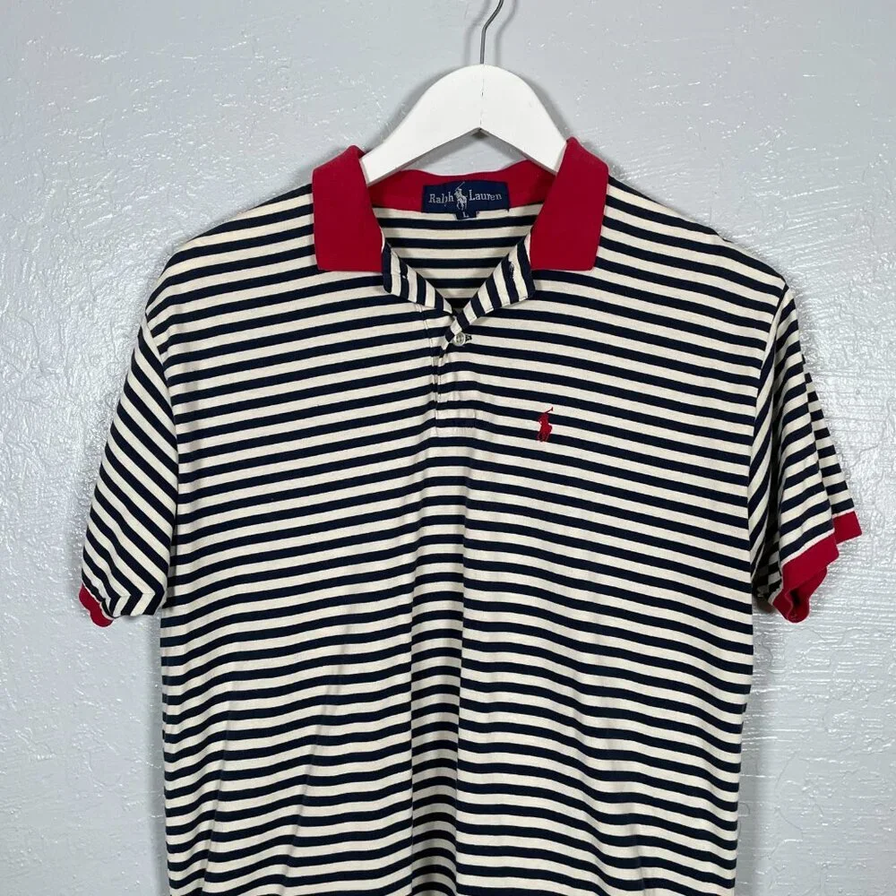 Ralph Lauren Men L Blue White Red Stripe Polo Shirt Short Sleeve Preppy Golf